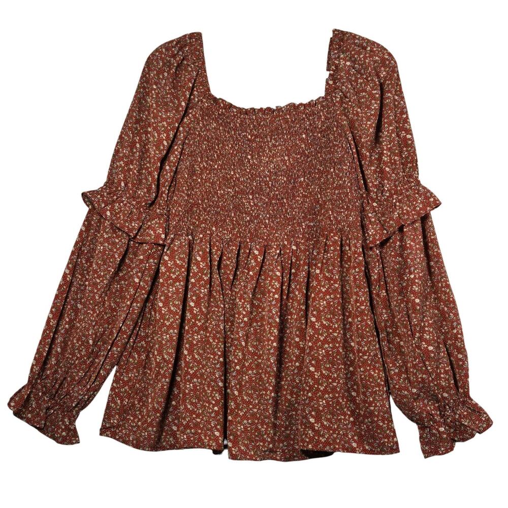 Hayden Los Angeles Blouse Womens Medium Rust Floral Smocked Long Sleeve Boho Top